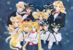  90s absurdres aino_minako alternate_hair_color bishoujo_senshi_sailor_moon bowtie chibi_usa child crossed_arms croupier formal friends hair_grab half_updo hand_in_pocket hand_on_shoulder highres hino_rei kaiou_michiru kino_makoto light_smile lips long_hair meiou_setsuna mizuno_ami multiple_girls official_art ponytail reverse_trap short_hair smile suit suspenders takeuchi_naoko ten&#039;ou_haruka ten'ou_haruka tomoe_hotaru traditional_media tsukino_usagi twintails watercolor_(medium) 