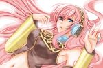  blue_eyes detached_sleeves headphones headset long_hair matumisa megurine_luka midriff navel parted_lips pink_hair remorei solo vocaloid white_background 