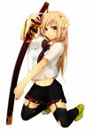  1girl blonde_hair copyright_request flower fujikiti garter_straps hair_flower hair_ornament long_hair midriff navel outstretched_arm school_uniform sheath simple_background skirt solo striped sword thigh-highs thighhighs torn_clothes weapon white_background yellow_eyes zettai_ryouiki 
