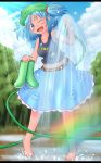  barefoot blue_eyes blue_hair blush boots hair_ornament hat highres hose kappa kawashiro_nitori looking_at_viewer navel open_mouth pekin puddle rubber_boots short_hair skirt sky smile solo touhou tree twintails water wet wink 