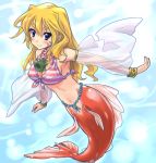  blonde_hair breasts cleavage fins front-tie_top itoji jewelry long_hair mermaid midriff monster_girl navel pointy_ears see-through striped 