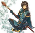  black_hair blue_eyes brown_hair cosplay elbow_gloves gloves hainegom jade_curtiss jade_curtiss_(cosplay) long_hair male polearm raven smile solo spear tales_of_(series) tales_of_the_abyss tales_of_vesperia weapon wink 