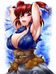  armpits arms_up breasts cleavage fang hair_bobbles hair_ornament large_breasts onozuka_komachi ootsuki_wataru red_eyes red_hair redhead short_hair solo touhou twintails 