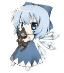  :&lt; bad_id blue_eyes bow cat chibi cirno hair_bow holding lowres open_mouth short_hair solo tefun touhou wings 