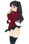  blush breasts brown_hair fate/stay_night fate_(series) frown hair_ribbon highres long_hair miniskirt panties ribbon shichimenchou skirt skirt_lift sweater thigh-highs toosaka_rin two_side_up underwear 