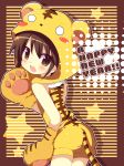  absurdres animal_costume animal_ears blush blush_stickers brown_eyes brown_hair costume english fang highres kimoko looking_back new_year original paws shadow solo star tail tiger_costume tiger_ears tiger_print tiger_tail 