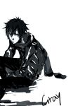  artist_request bad_id black_hair casual fairy_tail gray_fullbuster jacket male mendee monochrome scarf short_hair solo 