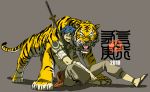  blue_hair bodypaint kamina katana katou_(hyaena) katou_haruaki new_year red_eyes sarashi shirtless sword tattoo teeth tengen_toppa_gurren_lagann tiger weapon 