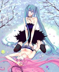  aqua_eyes aqua_hair bad_id breasts cheese_keito cleavage dress fishnet_pantyhose fishnets hatsune_miku long_hair megurine_luka multiple_girls pantyhose pink_hair snow thigh-highs thighhighs twintails very_long_hair vocaloid yuri zettai_ryouiki 