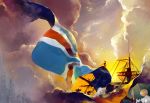  america_(hetalia) axis_powers_hetalia bird blonde_hair cloak cloud clouds faux_traditional_media flag hat male multiple_boys saiyki ship sky united_kingdom_(hetalia) young 