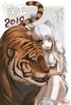  2010 animal_ears breasts cleavage face highres intertwined_tails new_year original pet signature solo tail tail_wrap tea_(artist) tiger white_hair wince 
