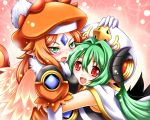  +_+ 2girls arcana_trust blush elbow_gloves fang feathers forehead_jewel gloves green_eyes hand_on_head hat horns hug kittan_(cve27426) long_hair looking_at_viewer multiple_girls open_mouth orange_hair phoenicia pointy_ears red_eyes shinrabanshou sweatdrop tail white_gloves wings 
