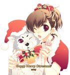  animal bell bow brown_hair christmas dog earrings female_protagonist_(persona_3) hat jewelry koromaru persona persona_3 persona_3_portable pose red_eyes ring santa_costume santa_hat short_hair simple_background smile trough_shell wince wink 