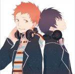  ao_no_exorcist bad_id headphones male multiple_boys oka_(a.m.) okumura_rin orange_eyes orange_hair pointy_ears shima_renzou short_hair 