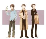  blue_eyes bottle brown_hair castiel closed_eyes food formal hamburger juugonichi_(wheeliex2) multiple_persona necktie smile suit supernatural_(tv_series) trench_coat 