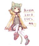  ameiro animal_costume animal_ears cat_ears cat_tail face goggles green_hair headphones hoodie new_year original paw_print simple_background smile solo tail thigh-highs thighhighs tiger_ears tiger_print tiger_tail white_legwear white_thighhighs yellow_eyes 