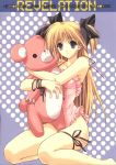  apron bear blonde_hair blood blue_eyes gloomy_bear hair_ribbon highres long_hair naked_apron ribbon stuffed_animal stuffed_toy suzuhira_hiro teddy_bear twintails 