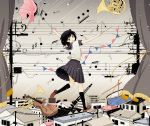  1girl bass_clef baton black_eyes black_hair building cable cityscape clarinet curtains drum drumsticks french_horn instrument loafers looking_back musical_note open_mouth original power_lines rain school_uniform serafuku shoes skirt solo super_normal telephone_pole trumpet umbrella violin weather wind 