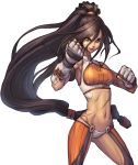  artist_request bandages boots brawler_(dungeon_and_fighter) brown_eyes brown_hair dungeon_and_fighter dungeon_fighter_online fighter_(dungeon_and_fighter) fighting_stance fingerless_gloves gloves hair_ornament long_hair midriff muscle navel official_art panties ponytail scar simple_background smile solo underwear very_long_hair white_panties 