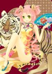  china_dress chinese_clothes fan flower folding_fan green_eyes hair_rings long_hair mitsuk new_year original pink_hair side_slit sitting solo tail tiger tiger_ears tiger_tail 