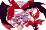  fang hat knees pose purple_hair red_eyes remilia_scarlet short_hair slit_pupils solo thigh_strap tm touhou wings wrist_cuffs 