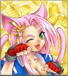  breasts calnarsa cat_ears cat_tail cleavage coin green_eyes koma_(srw) multiple_tails pink_hair shikishi super_robot_wars super_robot_wars_og_saga_mugen_no_frontier tail wink 