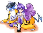  1girl :3 blush ebifly_(dokudoku) lila_(pokemon) pokemon pokemon_(creature) purple_hair raikou sitting violet_eyes 