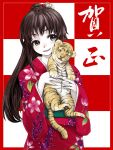  brown_eyes brown_hair hair_ornament hands highres japanese_clothes kimono long_hair original ponytail ryou@ryou smile solo tiger 