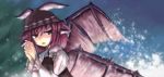  bad_id bow dot_heit dotto_hee_to_(.heit) feathers glitter hair_bow hands_clasped hat highres long_sleeves mystia_lorelei open_mouth pink_hair purple_eyes sad short_hair solo touhou violet_eyes wings 