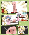  !! :&lt; angry blonde_hair blue_hair comic constricted_pupils crossover electricity fallen_down flandre_scarlet hands_on_hips kirby kirby_(series) koyama_shigeru o3o red_eyes remilia_scarlet silent_comic teardrop touhou turn_pale 