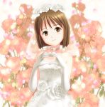  bride brown_eyes brown_hair choker dress elbow_gloves flower gloves hagiwara_yukiho heart heart_hands idolmaster ponnetsu short_hair veil wedding_dress 