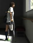  amputee asian bag brown_hair crutch realistic schoolgirl skirt yoshitaka_kawakami 