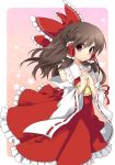  1girl brown_hair colored detached_sleeves etou_(cherry7) hair_bow hakurei_reimu highres masaru.jp pink_eyes solo touhou 