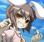  blush brown_eyes brown_hair bunny_ears carrot coin evil_grin evil_smile fang grin inaba_tewi jewelry necklace noya rabbit_ears short_hair smile solo touhou 