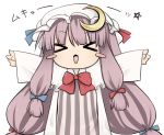  &gt;:3 &gt;_&lt; :3 bad_id blush_stickers chibi crescent crescent_moon hat long_hair mukyuu open_mouth patchouli_knowledge purple_hair ribbon solo tefun touhou x3 