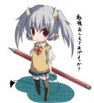  chibi demon_girl demon_tail garter_straps horns kosumo oversized_object pencil pointy_ears school_uniform skirt sweater_vest tail thighhighs twintails wooden_pencil 