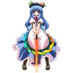 blue_hair blush boots food frills fruit hat highres hinanawi_tenshi long_hair long_skirt peach rapattu red_eyes skirt solo sword sword_of_hisou touhou transparent_background weapon