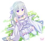  1girl bare_shoulders breasts cleavage detached_sleeves dress emilia_(re:zero) flower hair_flower hair_ornament long_hair looking_at_viewer pointy_ears re:zero_kara_hajimeru_isekai_seikatsu silver_hair sketch solo thigh-highs tochibi violet_eyes white_legwear 