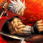  bandage bandages blade chipp_zanuff dual_swords dual_wielding glowing glowing_eyes guilty_gear leaf male maple_leaf ninja ookami_(pixiv27280) red_eyes red_scarf scarf solo spiked_hair spiky_hair white_hair 