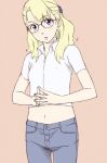  blue_eyes cute flat_color freckles glasses hands_together jeans long_hair midriff navel original ponytail sawa_jaaji simple_background solo steepled_fingers 