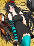  1girl akiyama_mio amplifier bangs bass_guitar black_hair blue_eyes blunt_bangs blush cable don&#039;t_say_&quot;lazy&quot; don&#039;t_say_lazy dress face_paint facepaint fender fingerless_gloves gloves hat hime_cut hozumi_kenji instrument jazz_bass k-on! long_hair lying mini_top_hat nail_polish on_back solo striped thigh-highs thighhighs top_hat 