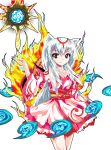 alphes_(style) amaterasu animal_ears bare_shoulders detached_sleeves fire formless_god japanese_clothes kimono long_hair magatama okami parody personification red_eyes smile solo style_parody sword tail touhou weapon white_hair wolf_ears wolf_tail 
