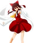  bow brown_hair detached_sleeves din_(artist) din_(flypaper) hair_bow hakurei_reimu japanese_clothes long_hair miko red_eyes salute smile touhou two-finger_salute wink 