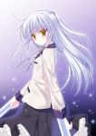  blade blazer blue_hair hand_sonic looking_back nanao_naru school_uniform tachibana_kanade weapon yellow_eyes 
