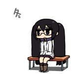  bench bespectacled black_hair blue_eyes chan_co glasses hatsune_miku jacket simple_background sitting twintails vocaloid 