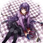  blue_eyes blush boxcutter checkered checkered_floor long_hair looking_up monogatari_(series) necktie purple_hair school_uniform senjougahara_hitagi sinzire sitting skirt solo stapler stationery thigh-highs thighhighs 