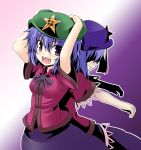  2girls arms_up back-to-back beret blue_eyes blue_hair dual_wielding hand_on_hat hat ichimi jiangshi miyako_yoshika multiple_girls ofuda open_mouth outstretched_arms shirt short_hair short_sleeves skirt smile star touhou zombie_pose 