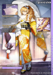 1girl absurdres alchemy_stars black_gloves blonde_hair bow capelet character_name commentary copyright_name copyright_notice drill_hair earrings english_commentary full_body fur_collar gloves hair_bow highres holding holding_umbrella irridon_(alchemy_stars) irridon_(captivating_silence)_(alchemy_stars) japanese_clothes jewelry kimono long_hair looking_at_viewer multiple_views obi official_art okobo parasol platform_sandals sandals sash socks solo tabi umbrella white_capelet white_socks winter yellow_eyes yellow_kimono 