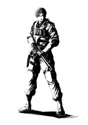  1boy blade43883059 boots commentary_request full_body greyscale gun highres holding holding_gun holding_weapon leon_s._kennedy long_sleeves male_focus monochrome police police_uniform resident_evil resident_evil_2 resident_evil_2_(remake) serious short_hair shoulder_pads solo spread_legs standing undershirt vest weapon 