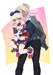  2girls armband arms_around_another's_waist azur_lane bandaged_arm bandages belt beret bike_shorts black_pants black_ribbon black_sleeves blush breasts burn_scar buttons carrying carrying_person closed_eyes coat coat_on_shoulders commander_(azur_lane) commission cross crossed_arms curtained_hair cyborg detached_sleeves double-breasted dress female_commander_(azur_lane) german_text gloves glowing_lines hair_bun hair_ribbon hat height_difference highres hug hug_from_behind inku_(inkudraws) iron_cross large_breasts lifting_person long_sleeves mechanical_arms messy_hair multiple_girls nuzzle oc_x_canon pants pout prosthesis prosthetic_arm ribbon scar shirt short_dress short_hair sideboob single_hair_bun single_mechanical_arm sleeveless sleeveless_dress sleeves_rolled_up smelling white_background white_gloves white_ribbon yuri z23_(azur_lane) 